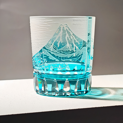 Japanese Wave Crystal Whisky Glass with Mt. Fuji Engraving in Golden or Blue Finish, Handcut Tumbler in Wooden Gift Box for Spirits and Bour