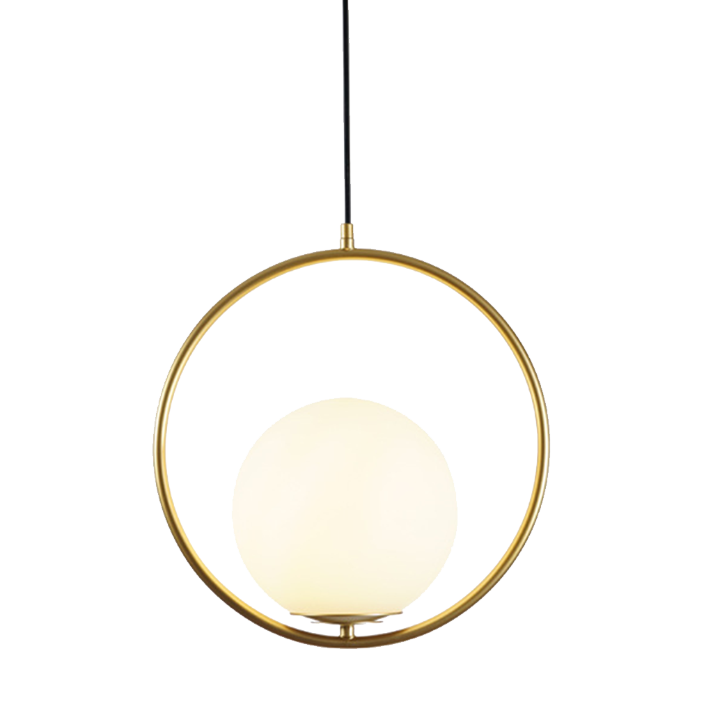 Curved Glass Hanging Fixture with Metal Frame – 15W Suspended Lighting for Contemporary Interiors – Amber Globe Shade Ceiling Mount for Dini