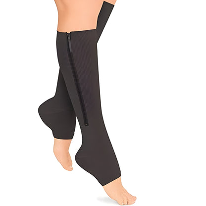 Open-Toe Knee-High Medical Compression Socks with Side Zipper for Women and Men 20-30 mmHg Firm Support Circulation Stockings for Standing A