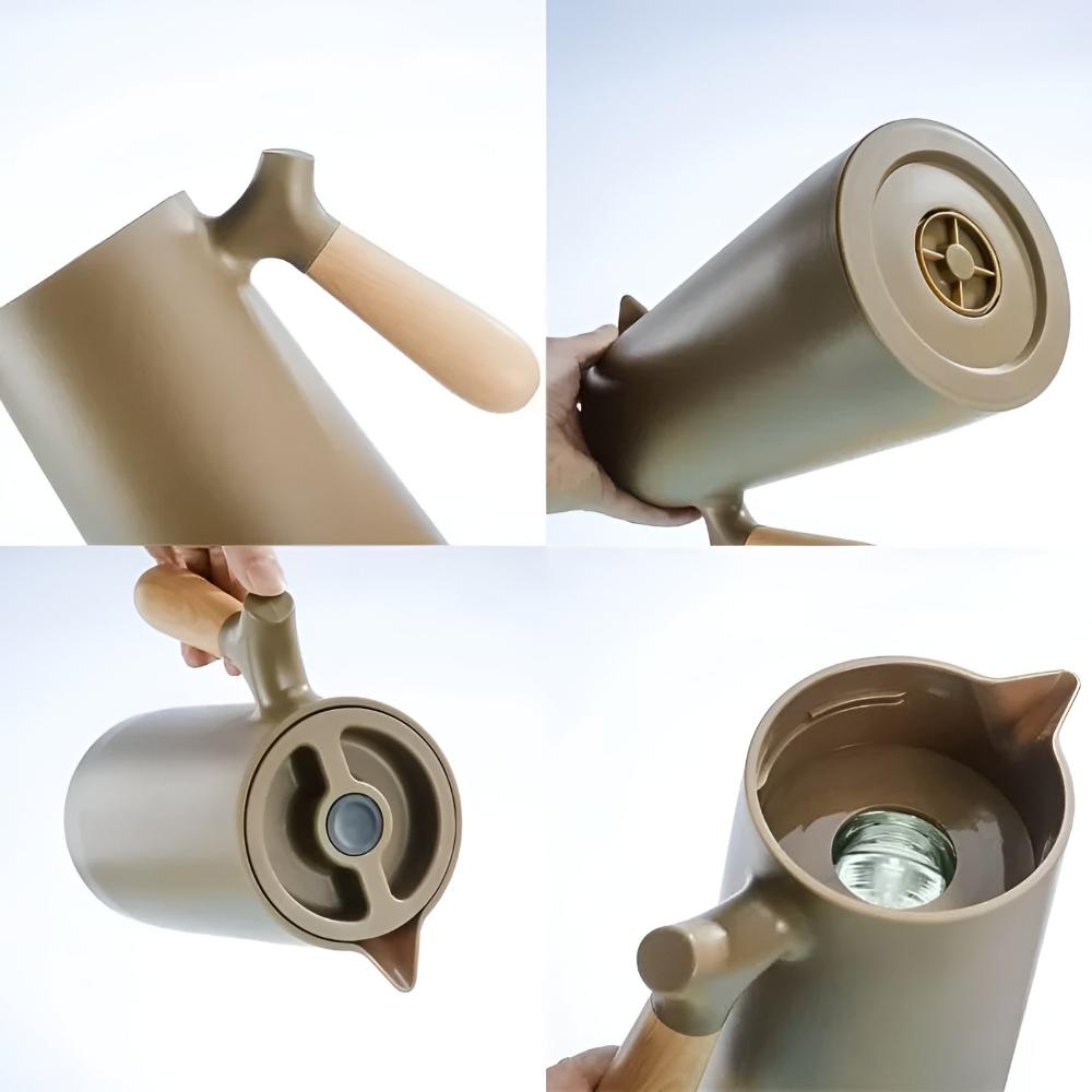 Vacuum Insulated Thermal Carafe 34 oz with Wood Grip – Drip-Free Spout for Coffee & Tea – Home Kitchen & Office