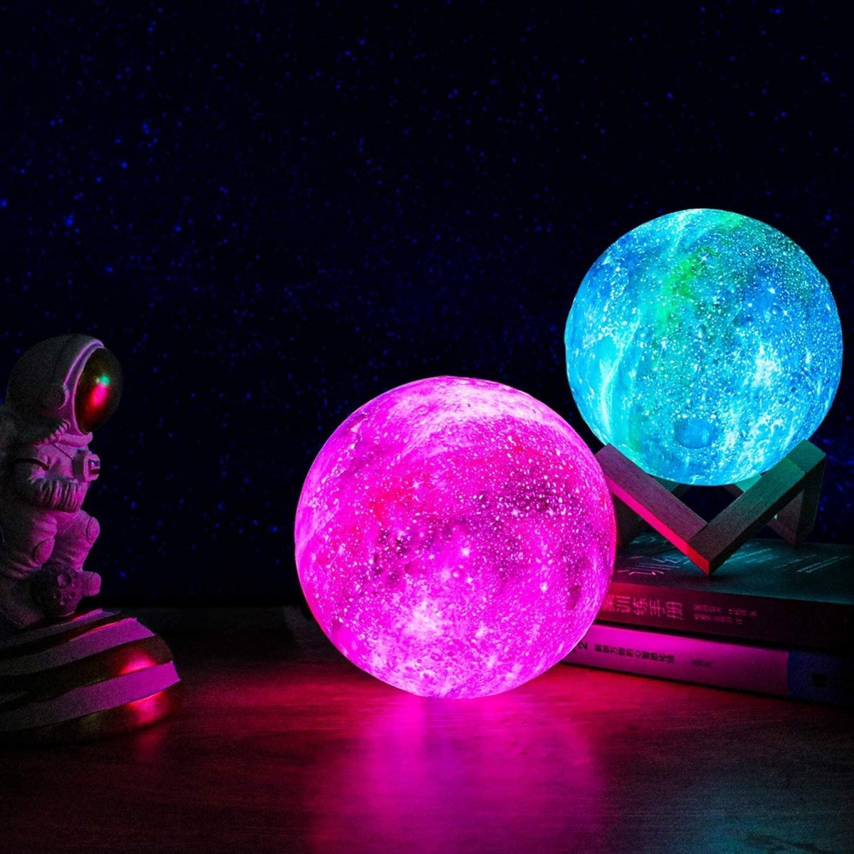 3D Printed Lunar Surface Night Light with Remote Control 16-Color LED Sphere on Wood Base for Bedroom Desk Space Decor