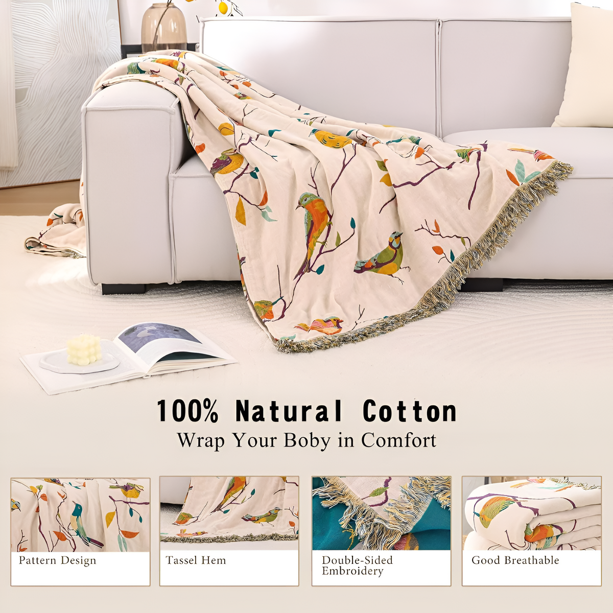 Woven Cotton Throw Blanket with Fringe Tassels & Avian Motif – Breathable, Lightweight Bed or Couch Cover for Boho Living Room, Guest