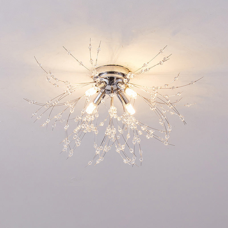Flush Mount Ceiling Light with Crystal Dandelion Design – 16 in Gold & Silver Fixture for Bedroom, Hallway, Bathroom