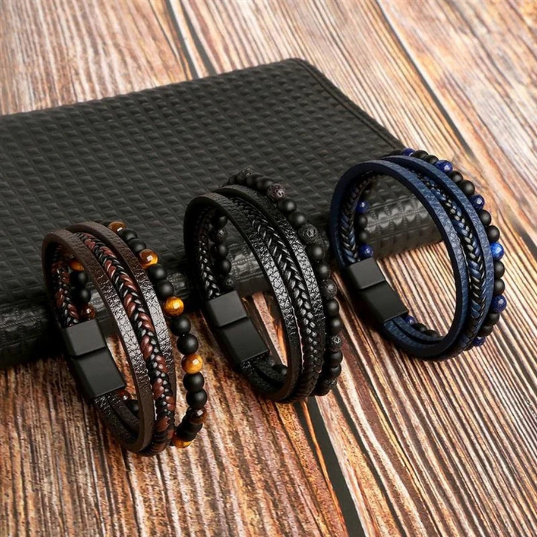Men's Multi-Strand Magnetic Bracelet – Braided Leather & Beaded Layers for Everyday Style