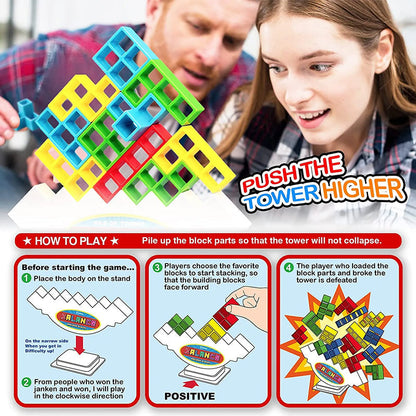 Wooden Stacking Tower Game for Kids - Tumbling Block Balance Challenge with Colorful Tetris Shapes for Toddlers & Children Ages 3+