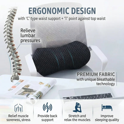Lumbar support cushion, ergonomic contour, back