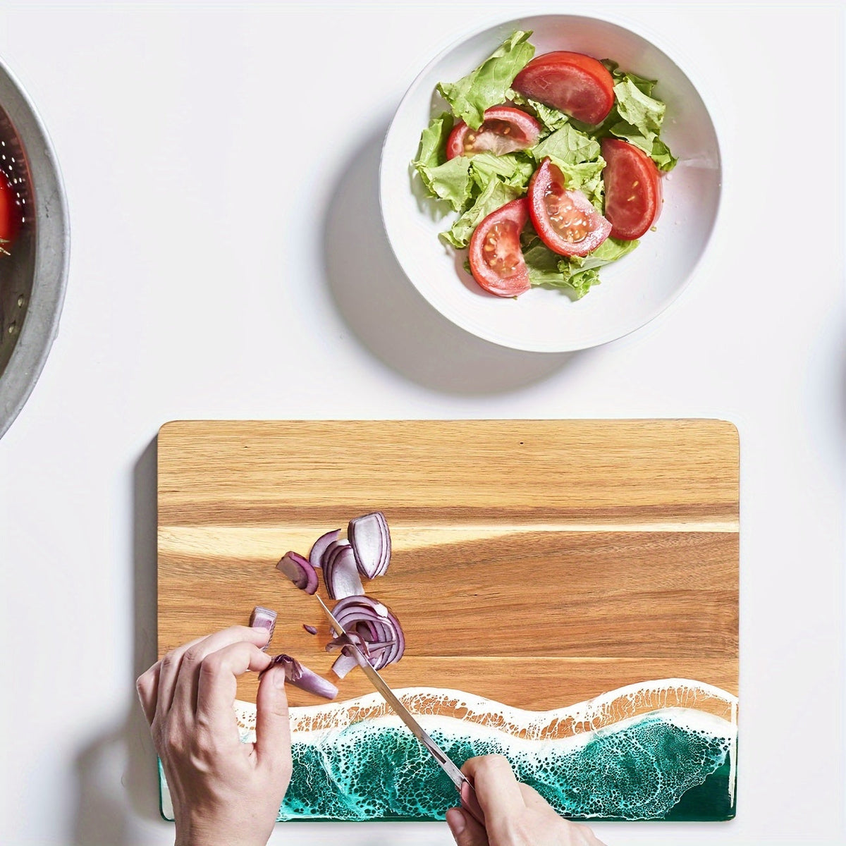 Acacia Wood Serving Board with Resin Wave Inlay 18x9 Inch Coastal Charcuterie Tray for Cheese Fruit Bread Kitchen Decor