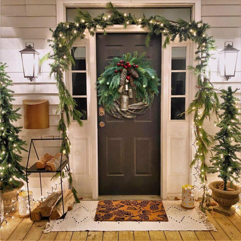 Rustic Winter Door Wreath with Gold Bells, Pine Cones & Berries – Farmhouse Seasonal Decoration for Front Entry or Mantel Display