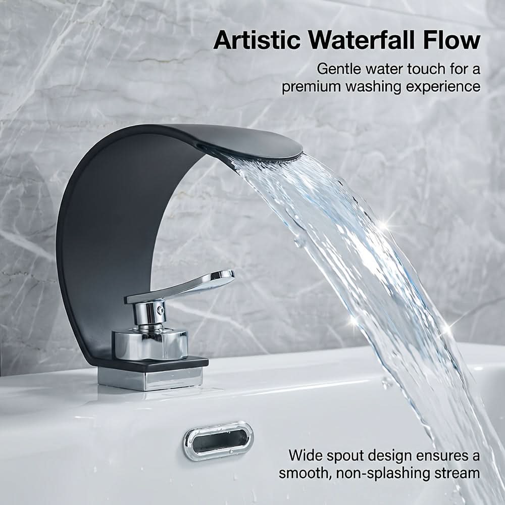 Curved Waterfall Bathroom Sink Faucet with Mirror Finish – Single Handle Hot & Cold Mixer Tap for Modern Vanity & Basin – Polished