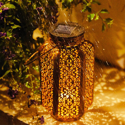 Sun-Charged Metal Garden Lantern with Cutout Moroccan Design for Porch, Deck & Yard Lighting