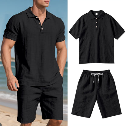Men's Short-Sleeve Polo & Shorts Linen Set Summer Two-Piece Outfit Lightweight Breathable Casual Wear for Warm Weather