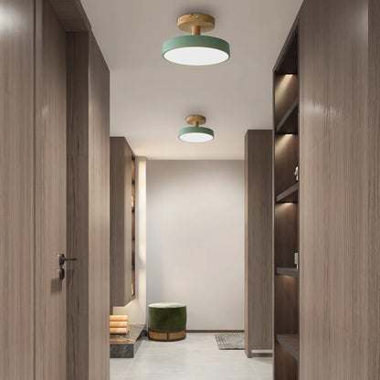 12W LED Flush Mount Light Wood & Green Finish for Bedroom Hallway Small Rooms Modern Scandinavian Style Ceiling Fixture 32-108 sq ft