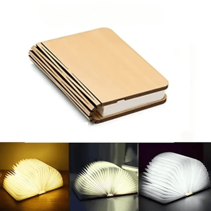 Rechargeable Book Lamp with 360° Foldable Design – USB Wood Finish LED Reading Light for Desk, Nightstand & Travel – 3 Brightness