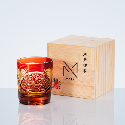 Hand-Cut Crystal Lowball Glass with Etched Crane Motif in Warm Amber Finish for Bourbon Scotch Cocktails Spirits Tasting Home Bar Display El