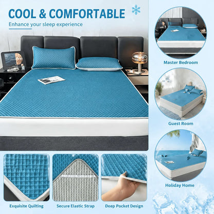 Foldable Cooling Sleep Mat for Summer – Breathable Waffle Texture Bed Pad with Soft Touch Surface – Portable Bedding Topper for Hot Weather