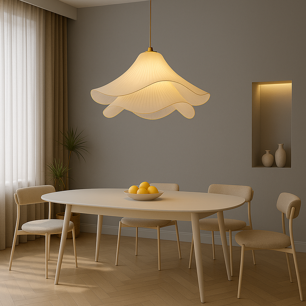 Layered Fabric Hanging Lamp 24 Inch Floral Ceiling Light for Dining Room Living Room Kitchen Modern Minimalist Adjustable Drop Fixture Neutr