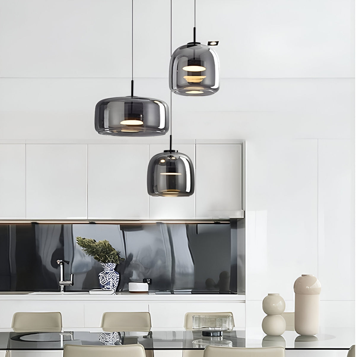 Glass Hanging Ceiling Fixture with Adjustable Cord for Dining Tables & Kitchen Islands | Color-Tunable LED Modern Farmhouse Style