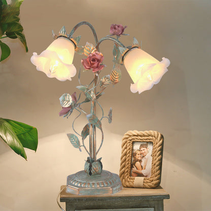 Vintage Metal Nightstand Lamp with Floral Glass Shade for Bedroom, Bedside Table Accent Light, Shabby Chic Cottage Décor