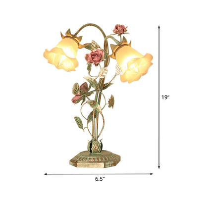 Vintage Metal Nightstand Lamp with Floral Glass Shade for Bedroom, Bedside Table Accent Light, Shabby Chic Cottage Décor