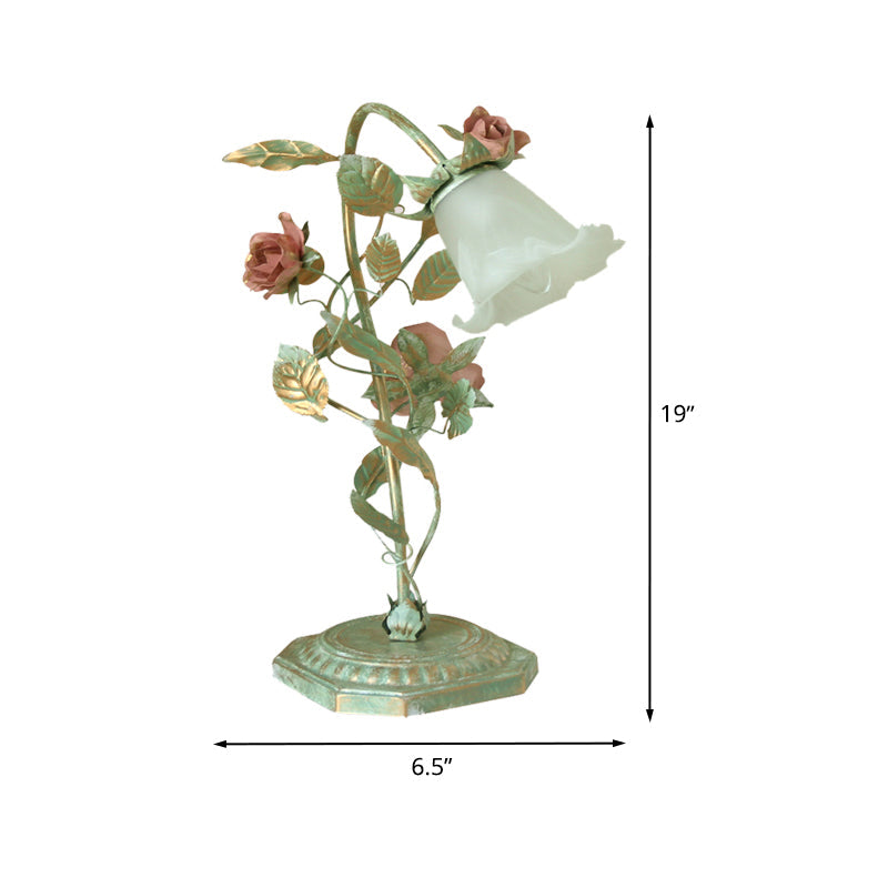 Vintage Metal Nightstand Lamp with Floral Glass Shade for Bedroom, Bedside Table Accent Light, Shabby Chic Cottage Décor