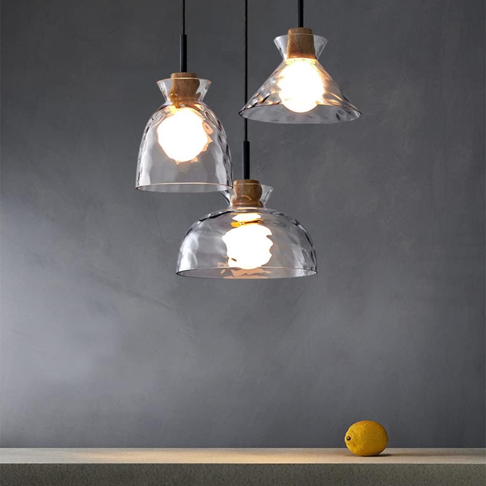 Wood & Glass Drop Light for Counter | Adjustable Height Cord Fixture with Clear Textured Shade | Nordic Style