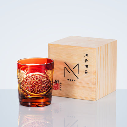 Japanese Cut Crystal Whisky Tumbler with Gift Box | Traditional Etched Pattern | Amber Colored Spirit Glass for Bourbon & Scotch | Artisan B