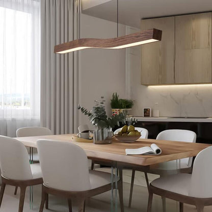 Modern Wave Pendant Light with Walnut-Finish Metal Frame & Dimmable LED for Dining Room Kitchen
