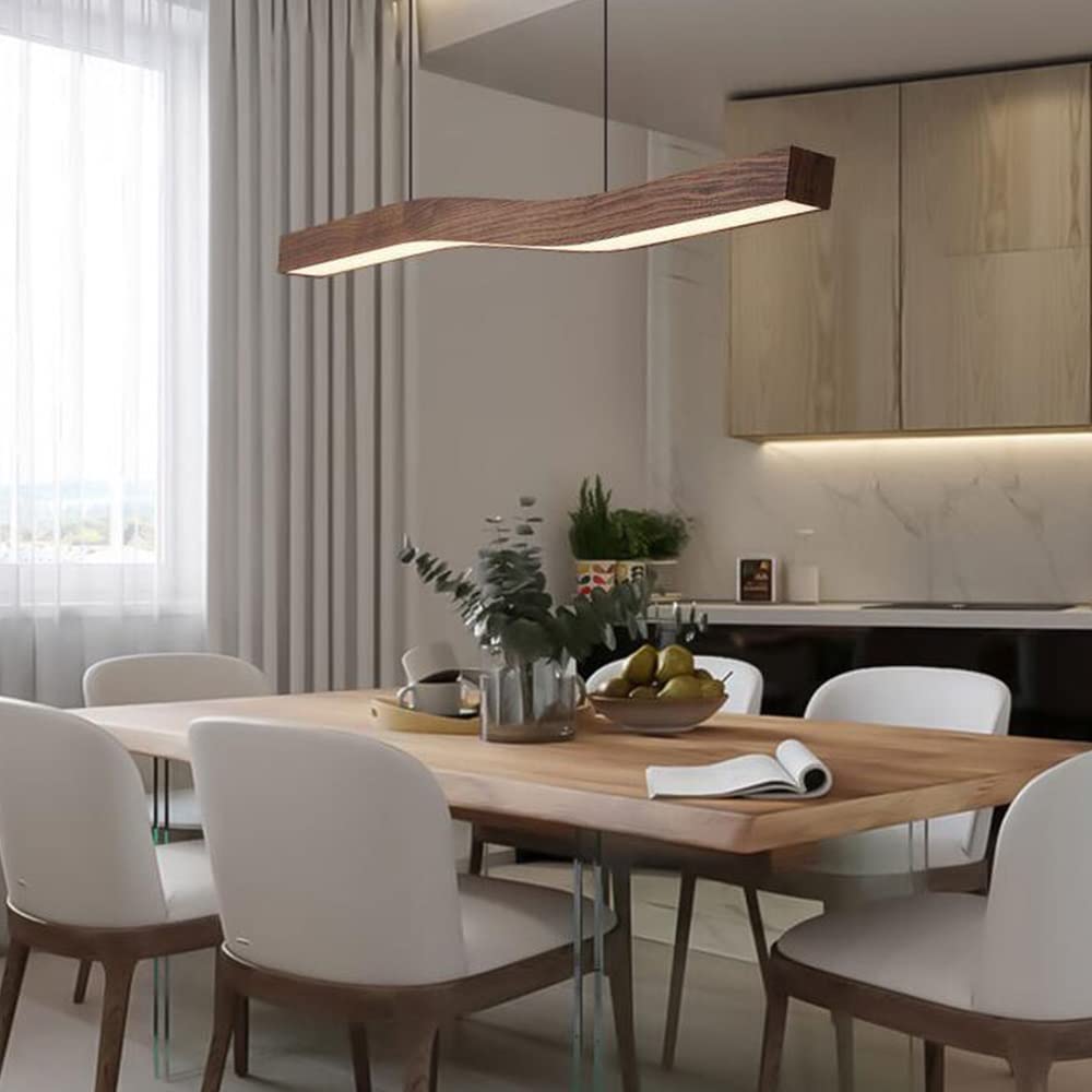 Modern Wave Pendant Light with Walnut-Finish Metal Frame & Dimmable LED for Dining Room Kitchen