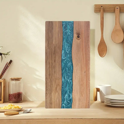 Acacia Wood Serving Board with Blue Resin River Design 18x9 Inch Charcuterie Platter Butcher Block Cutting Surface for Cheese Meat Bread