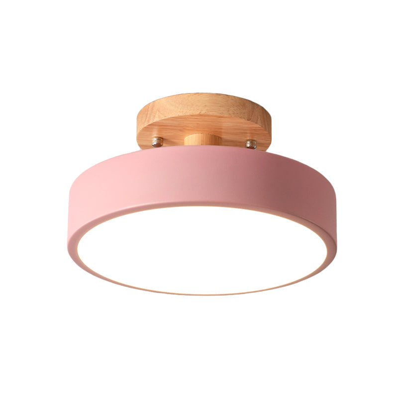 Modern LED Ceiling Light 8-Inch Drum with Wood Accent for Hallways Bedrooms Living Rooms Semi-Flush Mount Metal Fixture Nordic Style