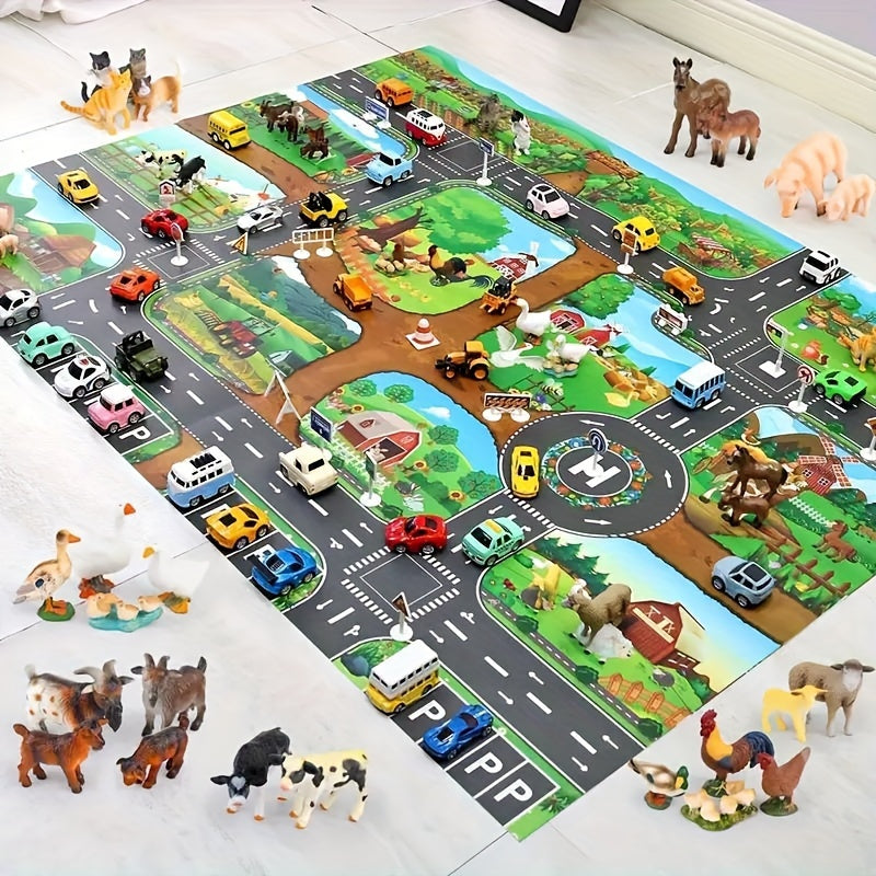 Kids Farm Road Play Rug 39 × 51 Inches Non-Slip Woven Floor Mat for Toddler Pretend Play Vehicle Track Nursery Decor