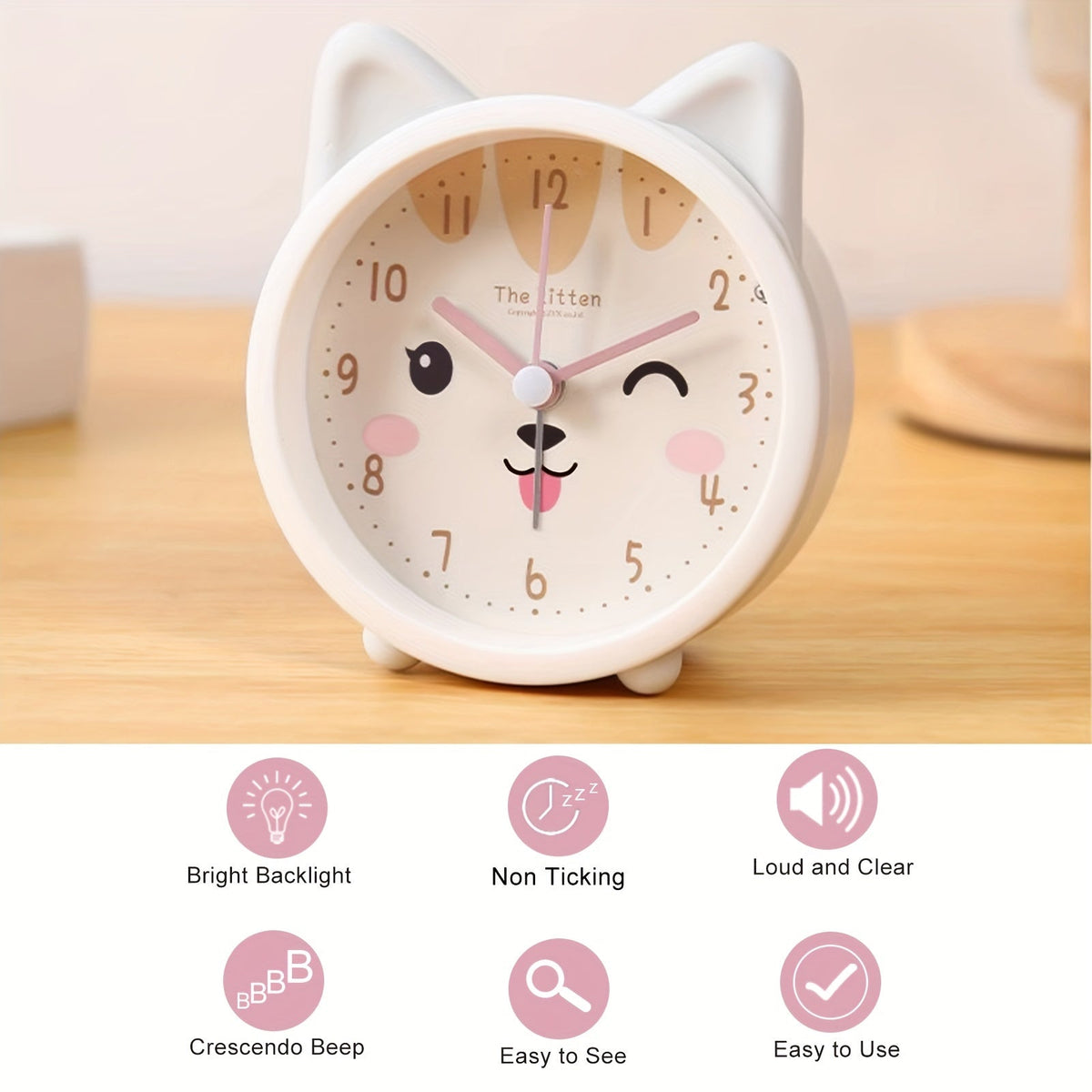 Silent Alarm Clock with Night Light for Kids Bedroom – Cute Bunny Desktop Clock No Ticking Sound