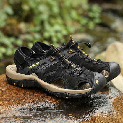 Men's Leather Fisherman Sandals with Closed Toe - Breathable Summer Sandals for Walking, Hiking & Casual Outdoor Wear