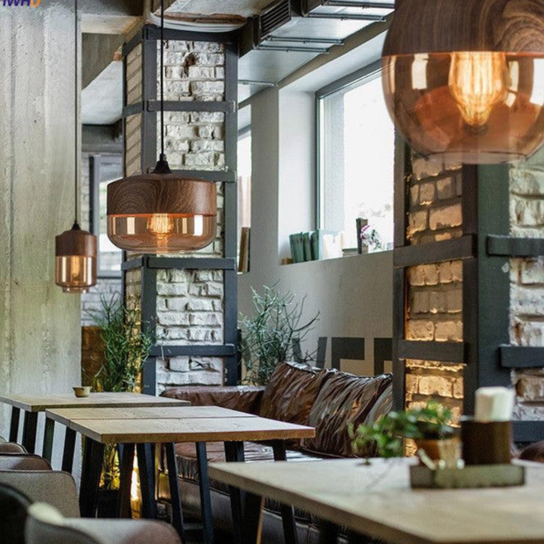 Glass Pendant Light with Wood-Look Metal – Scandinavian Hanging Fixture for Dining Room, Bedroom & Living Room