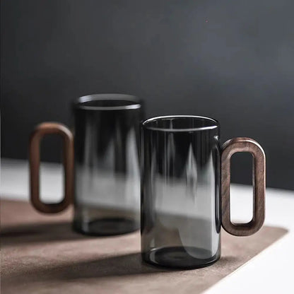 Transparent Glass Coffee Mug with Wood Grip – 12 oz Heat-Safe Borosilicate Cup for Tea, Latte, Hot Cocoa