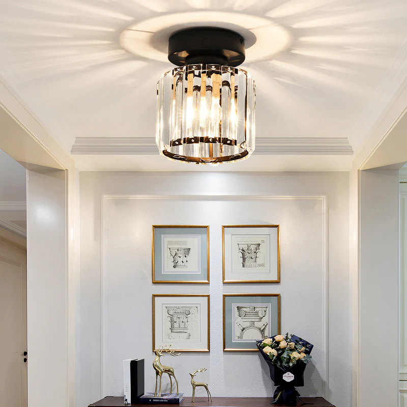Cube Crystal Flush Mount Ceiling Light with Brass Frame 10 Inch for Bedroom Hallway Entryway Living Room Office Modern Home Lighting Fixture