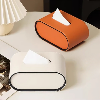 Faux Leather Tissue Holder Oval Desktop Organizer for Home Office Bedroom Bathroom Soft-Close Dispenser Gray Beige Orange