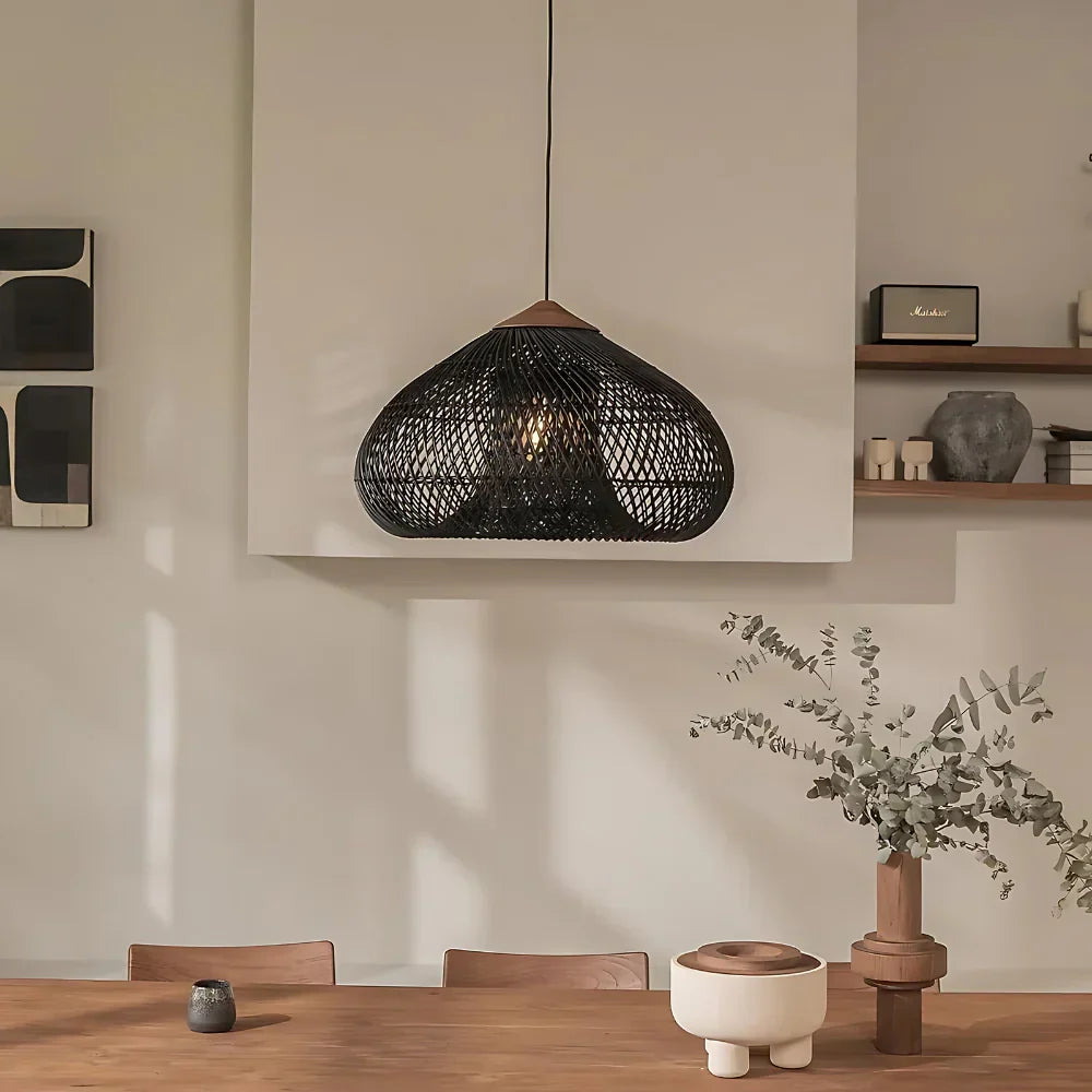 Woven Rattan Ceiling Light Fixture E26 Natural Boho Hanging Lamp for Dining Kitchen Island Bedroom Ambient Lighting Handcrafted Organic Text