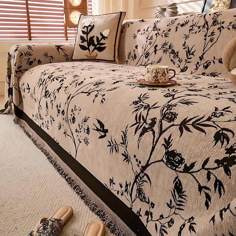 Textured Chenille Sofa Throw Blanket with Tassels – Floral Jacquard Couch Cover for Living Room, Pet-Friendly & Anti-Slip