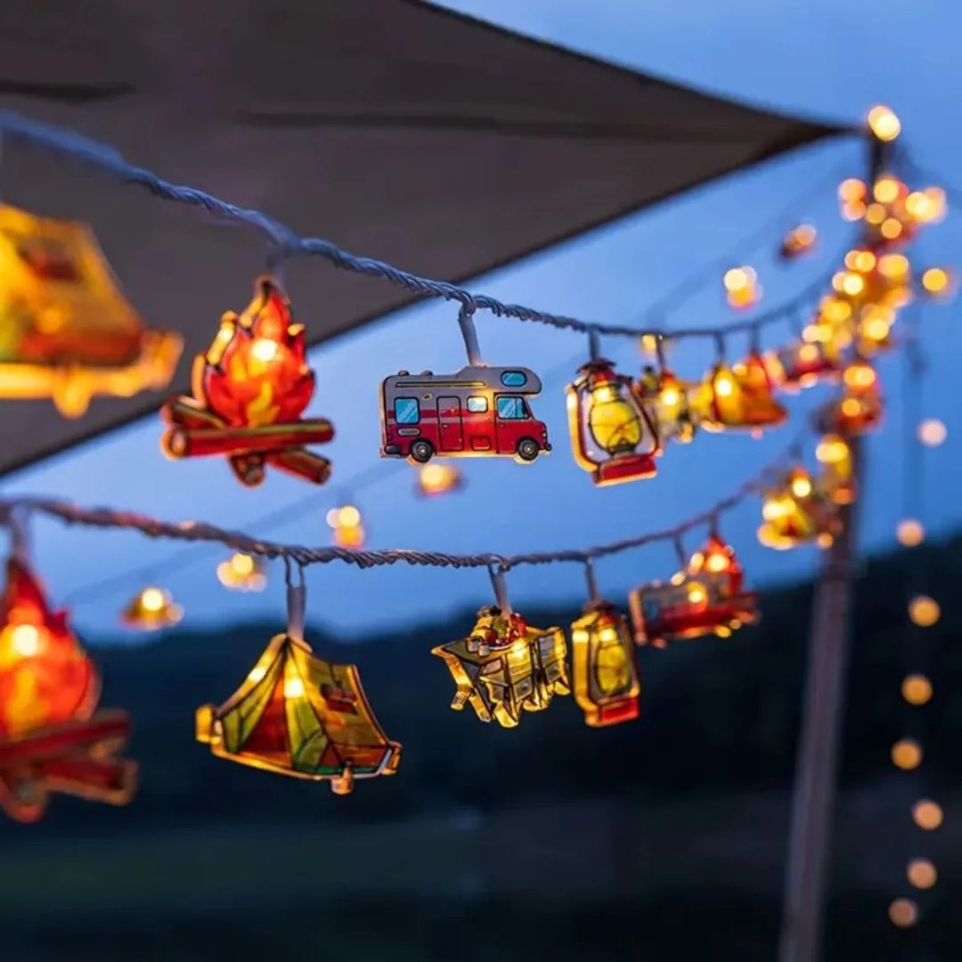 Camping-Themed LED Fairy Lights – Battery-Powered Indoor Outdoor String Lights with Tent, Campfire & Lantern Icons for Patio, Backyard &