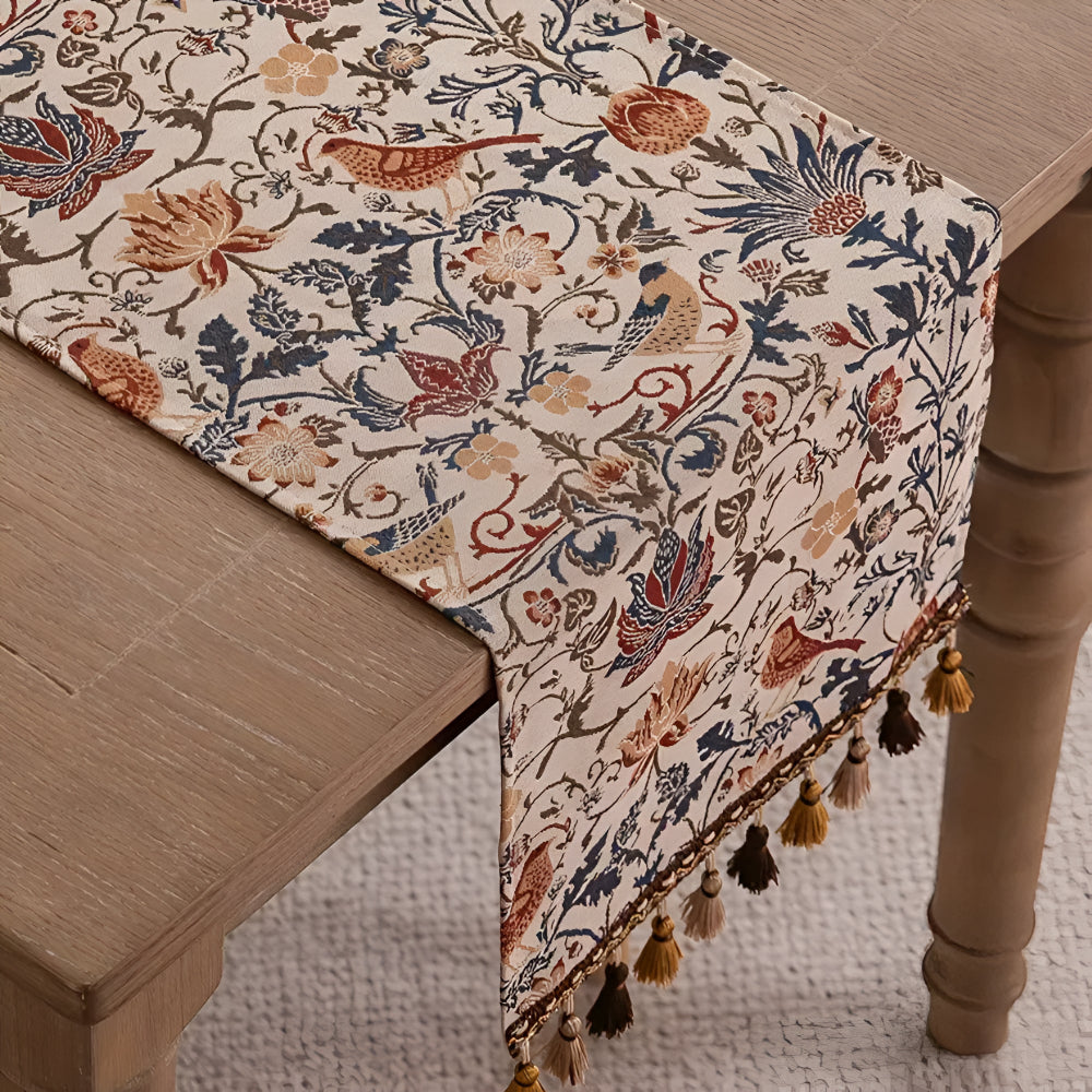Woven Jacquard Table Runner with Tassels - Floral Bird Pattern for Dining & Coffee Tables - Vintage Countryside Design - Tassel Trim