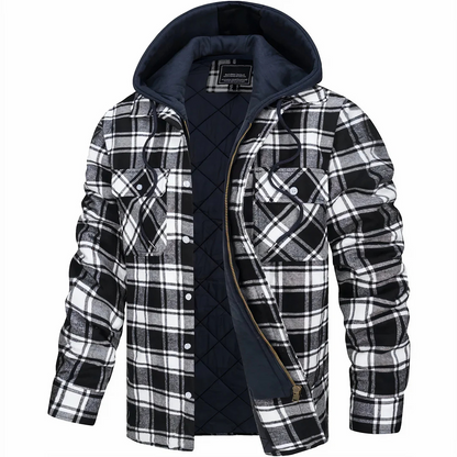 Quilted Plaid Flannel Shirt Jacket with Removable Hood for Men – Button Front & Zip Closure