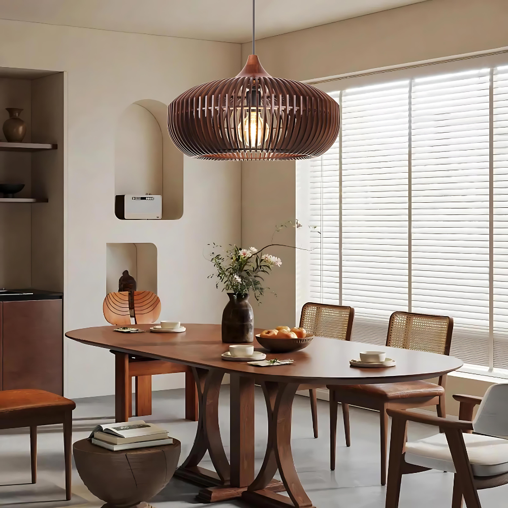 Wood Slat Ceiling Fixture Round Natural 17-Inch Japandi Style Above Table Island Ambient Hanging Light for Dining Kitchen Living Room