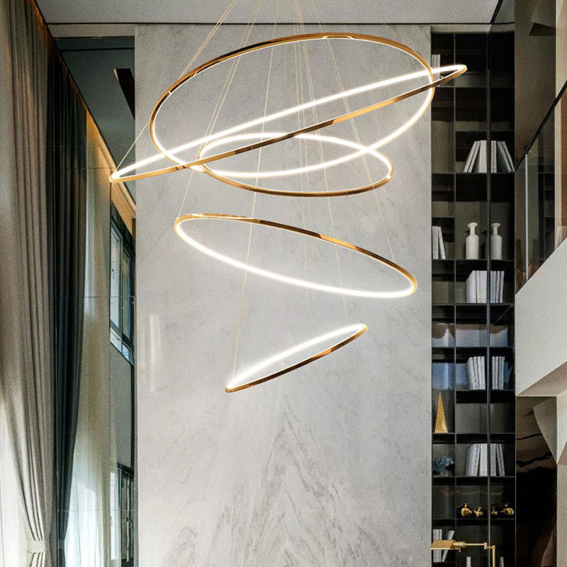 Multi-Tier Cascading LED Ring Fixture for Grand Entryways and Tall Staircases – Height-Adjustable Modern Statement Lighting with Remote Dimm
