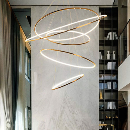 Multi-Tier Cascading LED Ring Fixture for Grand Entryways and Tall Staircases – Height-Adjustable Modern Statement Lighting with Remote Dimm