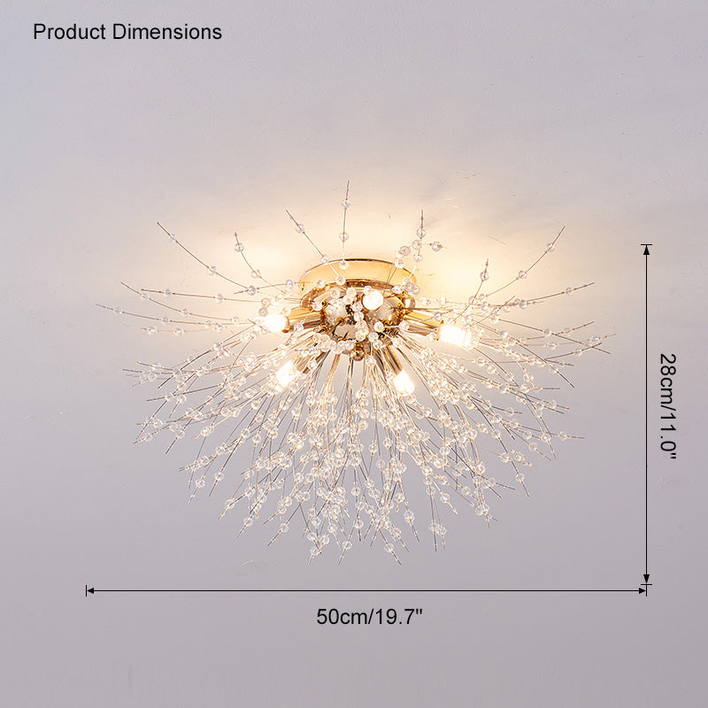Flush Mount Ceiling Light with Crystal Dandelion Design – 16 in Gold & Silver Fixture for Bedroom, Hallway, Bathroom