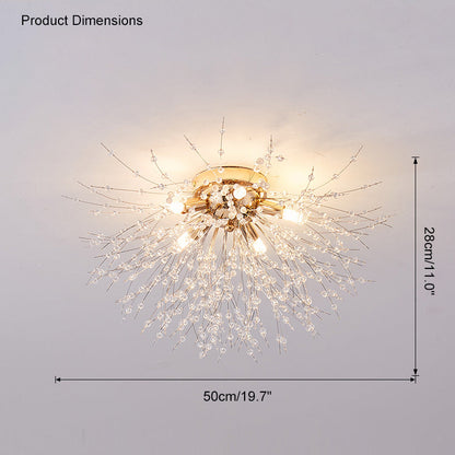Flush Mount Ceiling Light with Crystal Dandelion Design – 16 in Gold & Silver Fixture for Bedroom, Hallway, Bathroom
