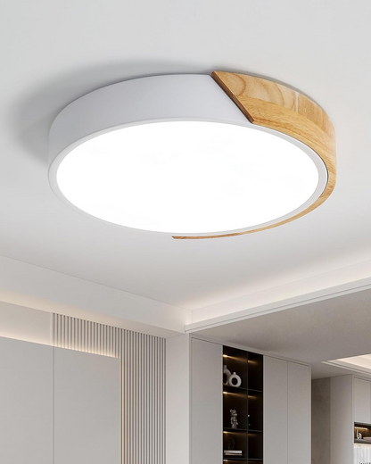 Round Flush Mount Ceiling Light with Wood Accent and Integrated LED – Modern Low Profile Fixture in 9, 12, 16, 20, and 24 inch Sizes for Liv
