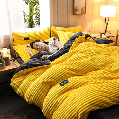 Plush Fleece Bedding Set – Reversible Coral Fleece Duvet Cover with Flat Sheet & Pillowcases for Cold Weather