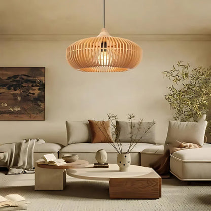 Wood Slat Ceiling Fixture Round Natural 17-Inch Japandi Style Above Table Island Ambient Hanging Light for Dining Kitchen Living Room